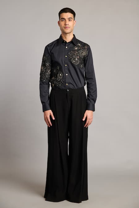 Siddartha Tytler_Black Cotton Satin Embroidery Floral Shirt _Online_at_Aza_Fashions