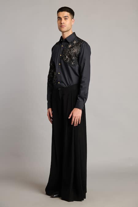 Buy_Siddartha Tytler_Black Cotton Satin Embroidery Floral Shirt _Online_at_Aza_Fashions