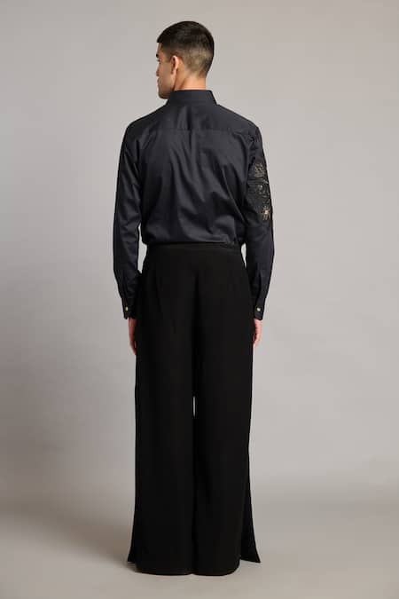 Siddartha Tytler Floral Embroidered Black Cotton Shirt 