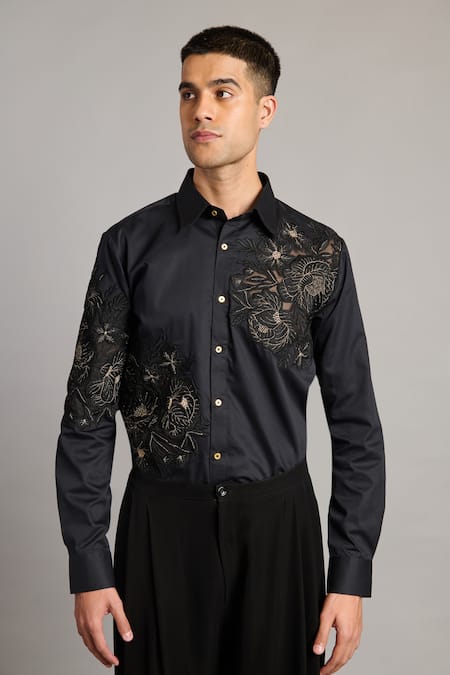 Siddartha Tytler Black Cotton Satin Embroidery Floral Shirt 