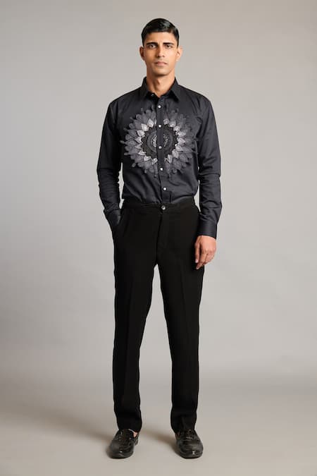 Siddartha Tytler Black Cotton Satin Embroidery 3d Mandala Crest Shirt Online at Aza Fashions Siddartha Tytler_Black Cotton Satin Embroidery 3d Mandala Crest Shirt _Online_at_Aza_Fashions