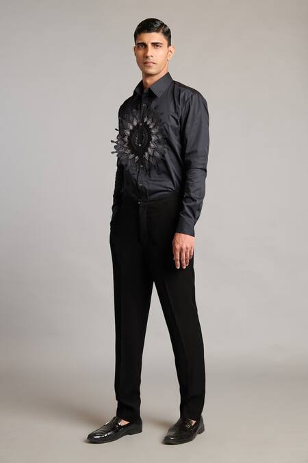 Buy Siddartha Tytler Black Cotton Satin Embroidery 3d Mandala Crest Shirt Online at Aza Fashions Buy_Siddartha Tytler_Black Cotton Satin Embroidery 3d Mandala Crest Shirt _Online_at_Aza_Fashions