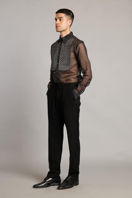 Siddartha Tytler_Black Organza Intrecciato Yoke Shirt _Online_at_Aza_Fashions