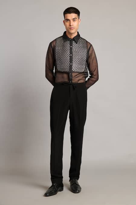 Buy_Siddartha Tytler_Black Organza Intrecciato Yoke Shirt _Online_at_Aza_Fashions