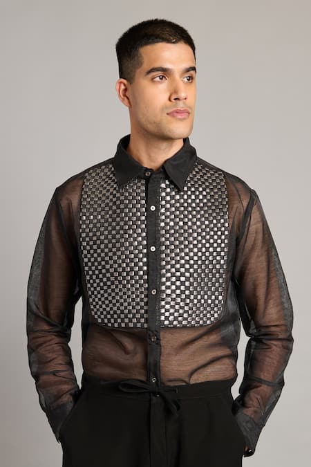 Siddartha Tytler Black Organza Intrecciato Yoke Shirt 