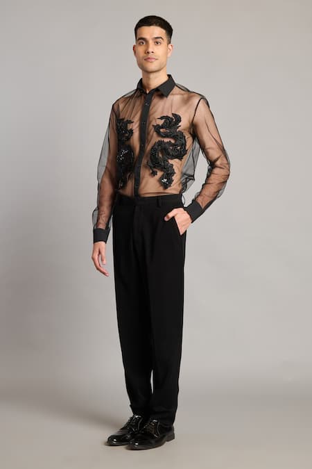 Siddartha Tytler_Black Net Embroidery Sheer Dragon Shirt _Online_at_Aza_Fashions