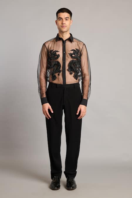 Buy_Siddartha Tytler_Black Net Embroidery Sheer Dragon Shirt _Online_at_Aza_Fashions
