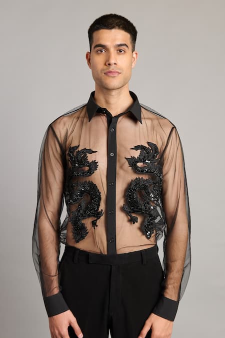 Siddartha Tytler Black Net Embroidery Sheer Dragon Shirt 