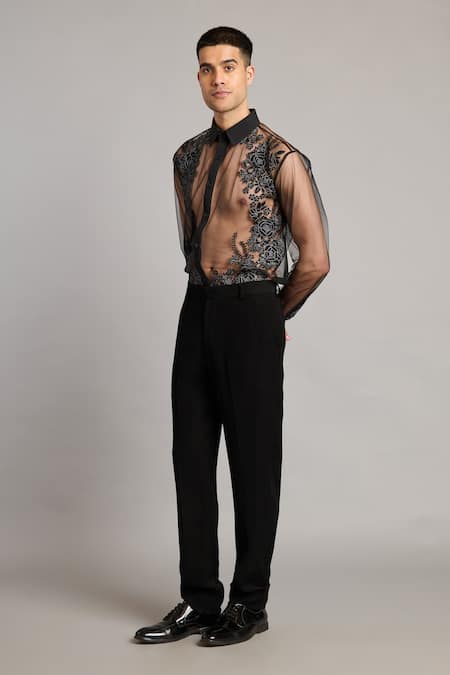 Siddartha Tytler_Black Net Embroidery Sheer Floral Shirt _Online_at_Aza_Fashions
