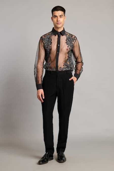 Buy_Siddartha Tytler_Black Net Embroidery Sheer Floral Shirt _Online_at_Aza_Fashions