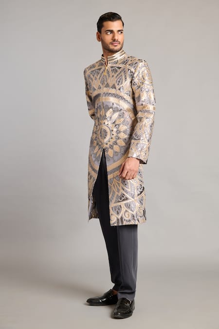 Siddartha Tytler_Gray Organza Metallic Thread Mandala Applique Sherwani _Online_at_Aza_Fashions