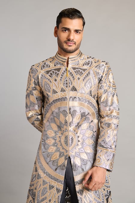 Buy_Siddartha Tytler_Gray Organza Metallic Thread Mandala Applique Sherwani _Online_at_Aza_Fashions