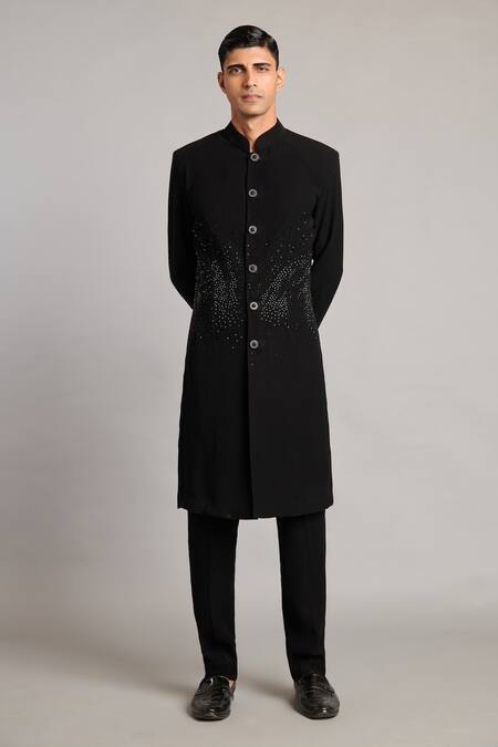 Siddartha Tytler_Black Microfiber Crystals Gradient Sherwani _Online_at_Aza_Fashions