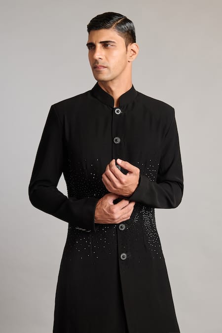 Buy_Siddartha Tytler_Black Microfiber Crystals Gradient Sherwani _Online_at_Aza_Fashions