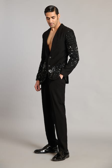 Siddartha Tytler_Black Microfiber Sequins 3d Embroidered Blazer _Online_at_Aza_Fashions