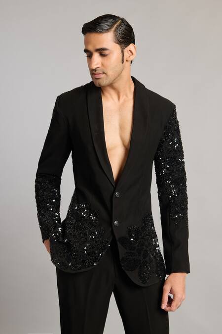 Buy_Siddartha Tytler_Black Microfiber Sequins 3d Embroidered Blazer _Online_at_Aza_Fashions