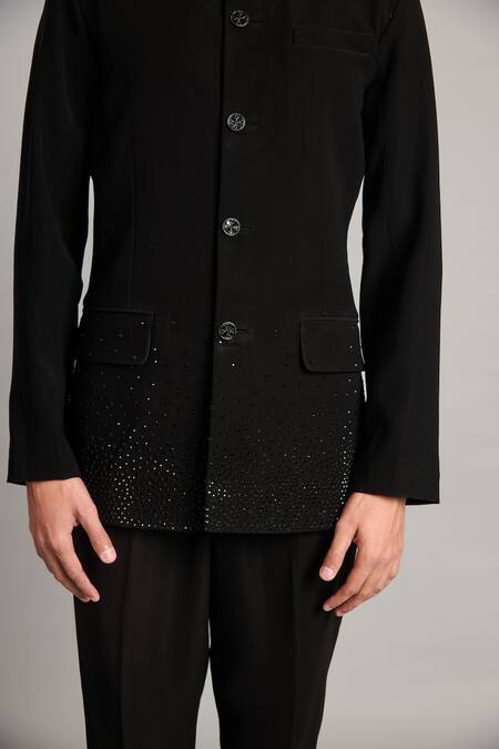 Siddartha Tytler_Black Microfiber Crystals Gradient Bandhgala _Online_at_Aza_Fashions
