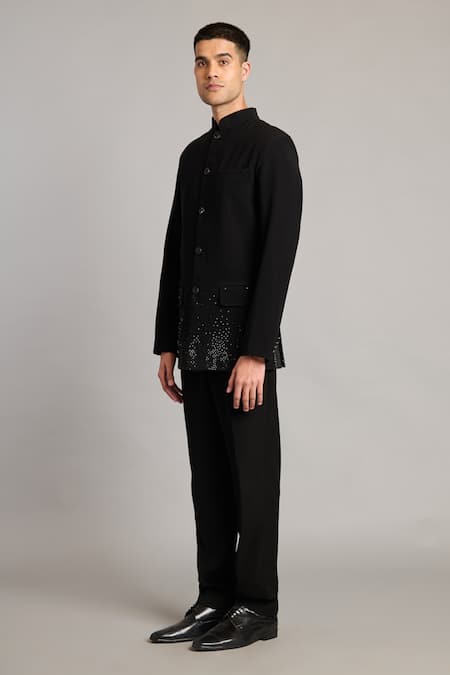 Buy_Siddartha Tytler_Black Microfiber Crystals Gradient Bandhgala _Online_at_Aza_Fashions