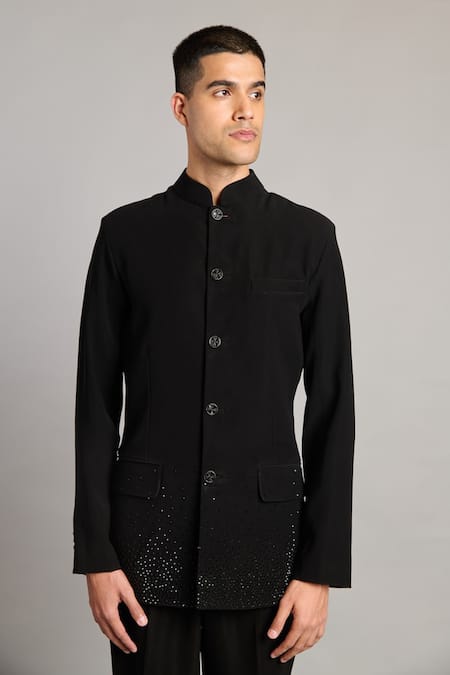 Shop_Siddartha Tytler_Black Microfiber Crystals Gradient Bandhgala _Online_at_Aza_Fashions