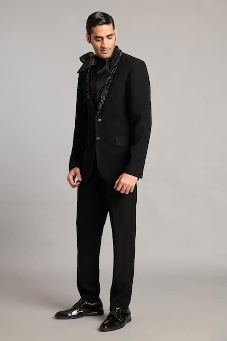 Siddartha Tytler_Black Microfiber Crystal Collar Blazer _Online_at_Aza_Fashions
