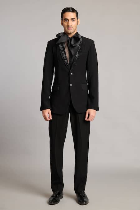 Buy_Siddartha Tytler_Black Microfiber Crystal Collar Blazer _Online_at_Aza_Fashions