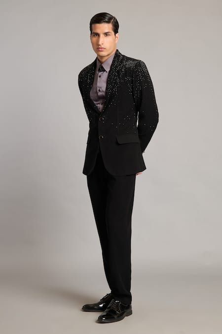 Siddartha Tytler_Black Microfiber Crystals Gradient Blazer _Online_at_Aza_Fashions