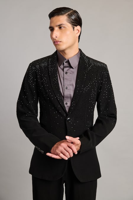 Buy_Siddartha Tytler_Black Microfiber Crystals Gradient Blazer _Online_at_Aza_Fashions