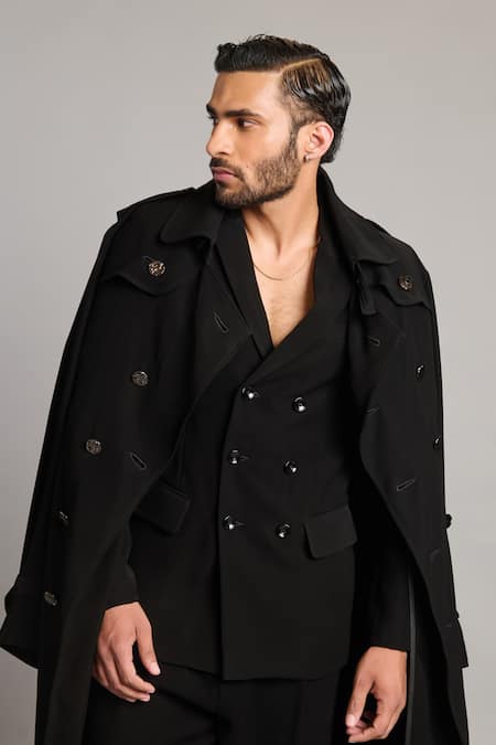 Buy_Siddartha Tytler_Black Microfiber Double-breasted Blazer _Online_at_Aza_Fashions