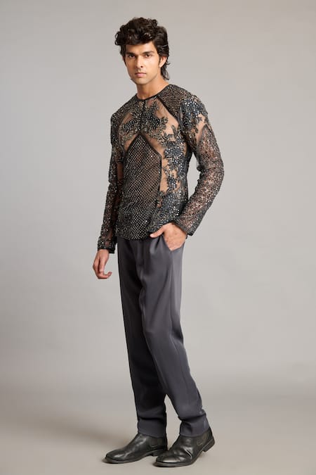 Siddartha Tytler_Black Net Sequins Charcoal Mixed Media Sheer T-shirt _Online_at_Aza_Fashions