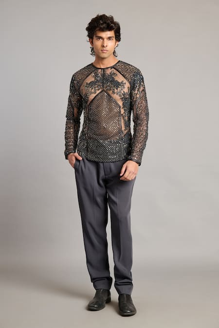 Buy_Siddartha Tytler_Black Net Sequins Charcoal Mixed Media Sheer T-shirt _Online_at_Aza_Fashions