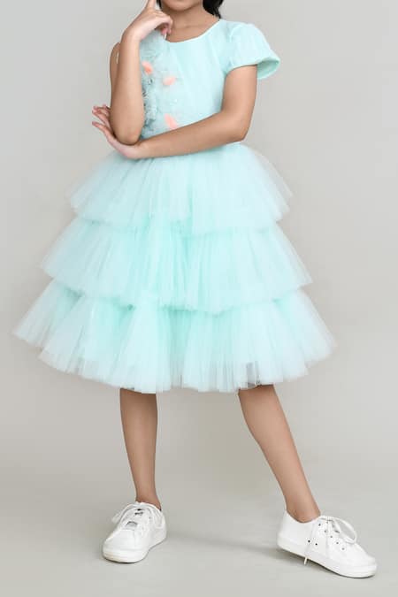 Petite Pomme_Green Net, Satin Fabric Flowers Embellished Sleeveless Party Dress _Online_at_Aza_Fashions
