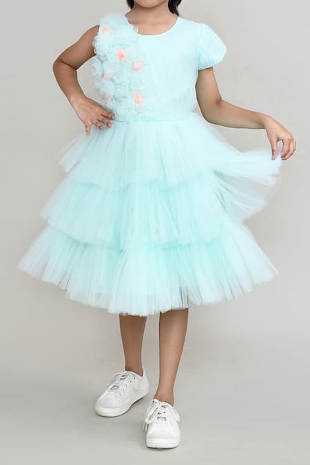 Buy_Petite Pomme_Green Net, Satin Fabric Flowers Embellished Sleeveless Party Dress _Online_at_Aza_Fashions