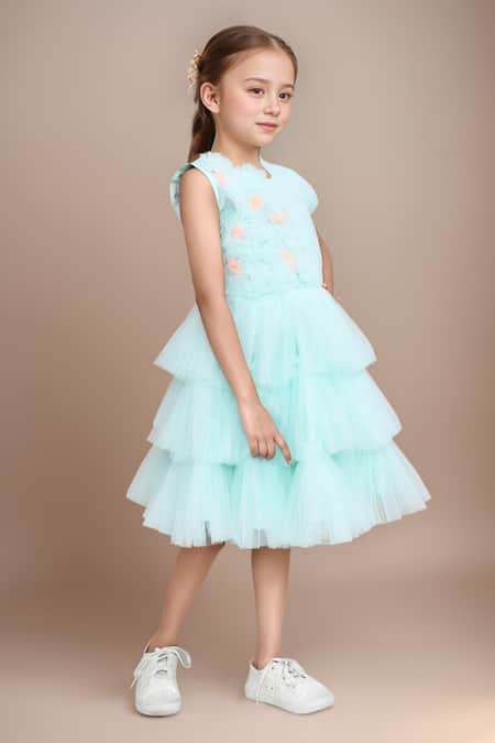 Shop_Petite Pomme_Green Net, Satin Fabric Flowers Embellished Sleeveless Party Dress _Online_at_Aza_Fashions