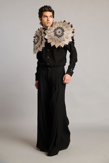 Buy_Siddartha Tytler_Black Microfiber Metallic Thread 3d Mandala Shirt _Online_at_Aza_Fashions