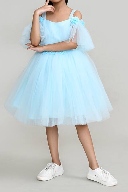 Petite Pomme_Blue Net, Satin Fabric Flowers Embellished Off Shoulder Party Dress _Online_at_Aza_Fashions
