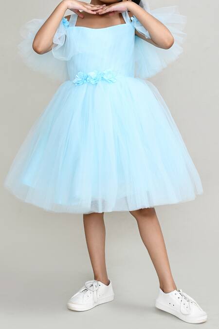 Buy_Petite Pomme_Blue Net, Satin Fabric Flowers Embellished Off Shoulder Party Dress _Online_at_Aza_Fashions