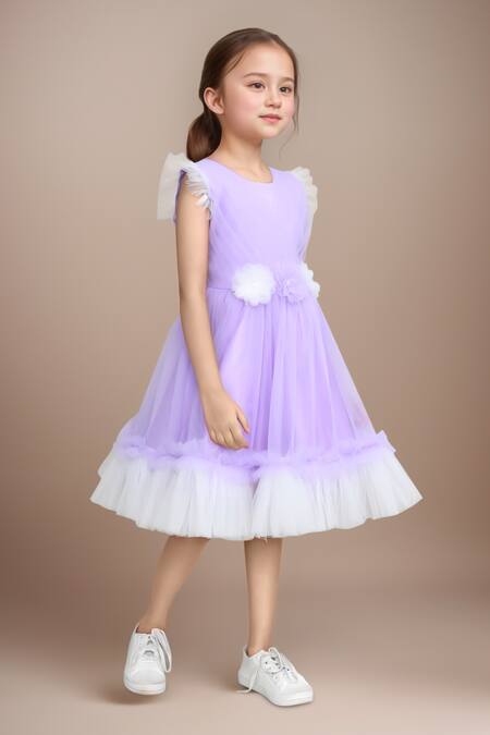 Petite Pomme_Purple Net Fabric Flowers Embellished Fit And Flared Dress _Online_at_Aza_Fashions
