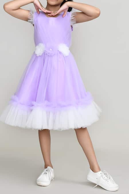 Buy_Petite Pomme_Purple Net Fabric Flowers Embellished Fit And Flared Dress _Online_at_Aza_Fashions