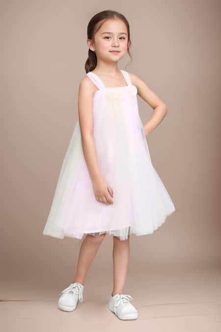 Petite Pomme_Yellow Net Fabric Flowers And Pink Embellished A-line Dress _Online_at_Aza_Fashions