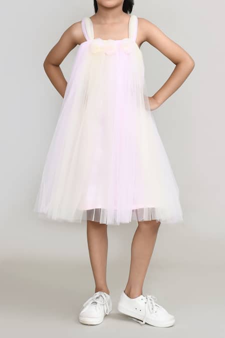 Shop_Petite Pomme_Yellow Net Fabric Flowers And Pink Embellished A-line Dress _Online_at_Aza_Fashions