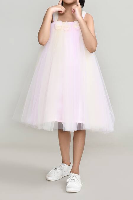 Petite Pomme_Yellow Net Fabric Flowers And Pink Embellished A-line Dress _at_Aza_Fashions