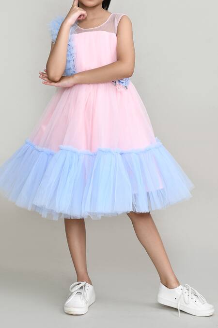 Buy_Petite Pomme_Peach Net, Satin Fabric Flowers Embellished Party Dress _Online_at_Aza_Fashions