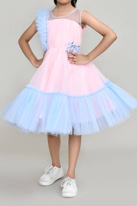 Shop_Petite Pomme_Peach Net, Satin Fabric Flowers Embellished Party Dress _Online_at_Aza_Fashions