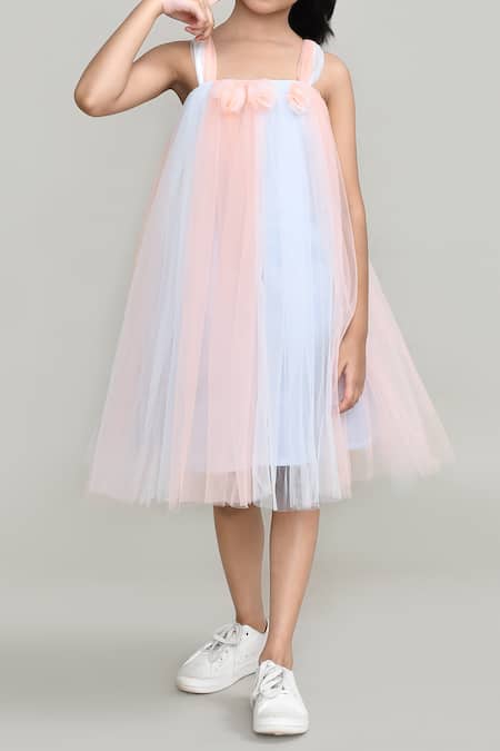 Petite Pomme_Green Net Fabric Flowers Ruffled Applique A Line Dress _Online_at_Aza_Fashions