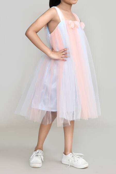 Shop_Petite Pomme_Green Net Fabric Flowers Ruffled Applique A Line Dress _Online_at_Aza_Fashions