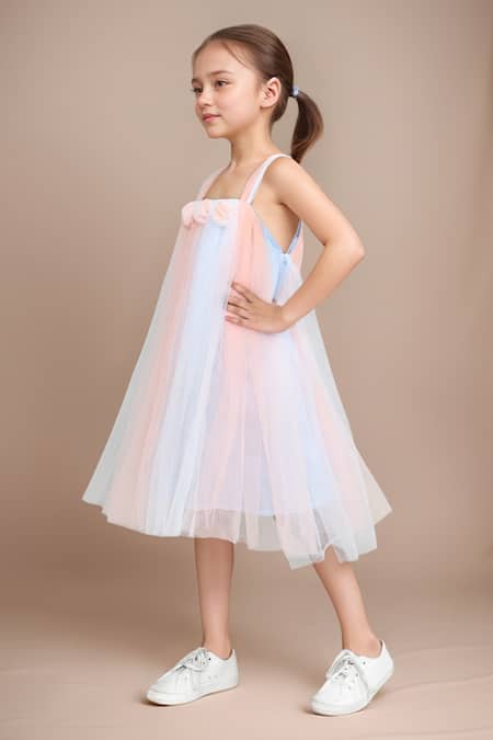 Petite Pomme_Green Net Fabric Flowers Ruffled Applique A Line Dress _at_Aza_Fashions