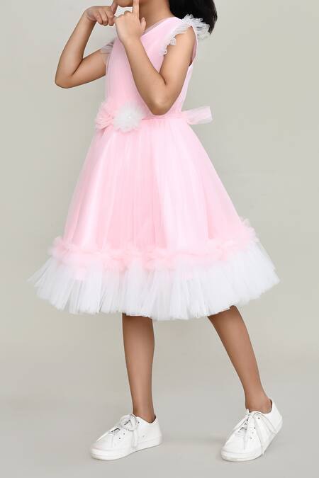 Buy_Petite Pomme_Peach Net, Satin Flower Embellished Fit And Flared Dress _Online_at_Aza_Fashions