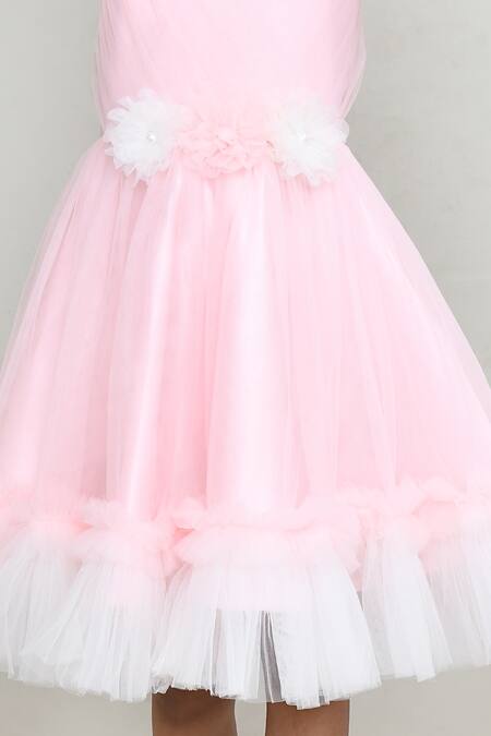 Shop_Petite Pomme_Peach Net, Satin Flower Embellished Fit And Flared Dress _Online_at_Aza_Fashions