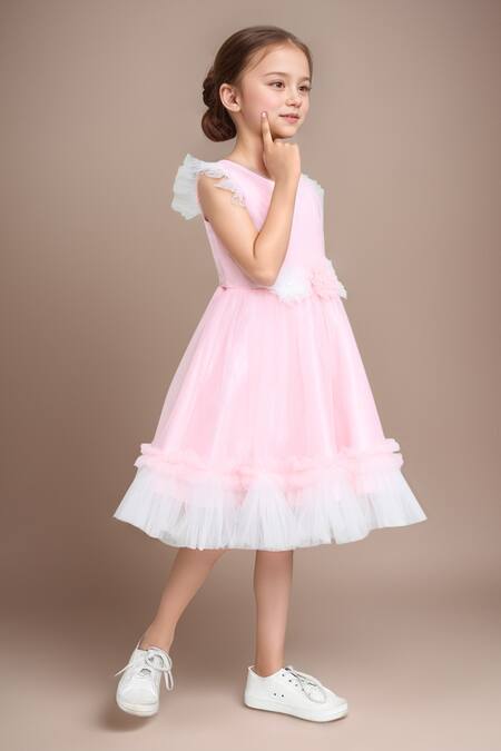 Petite Pomme Peach Net, Satin Flower Embellished Fit And Flared Dress at Aza Fashions Petite Pomme_Peach Net, Satin Flower Embellished Fit And Flared Dress _at_Aza_Fashions