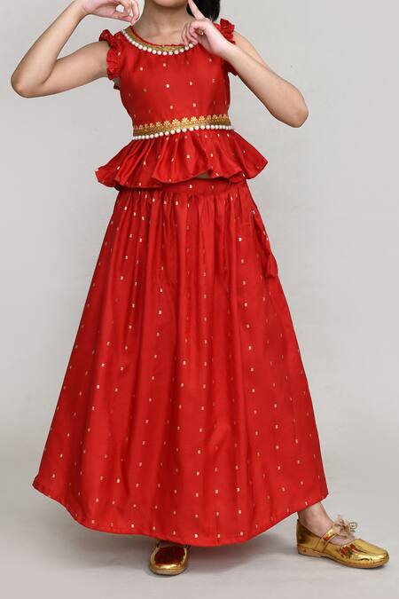 Shop_Petite Pomme_Maroon Polyester, Silk Diamonds Embellished Lehenga And Top Set _Online_at_Aza_Fashions